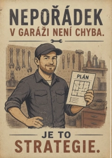 Plechová cedulka - nepořádek v garáži